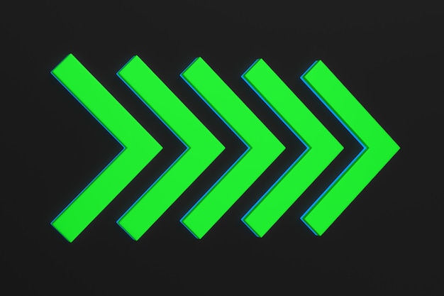 黒の背景に緑の矢印。分離された3Dイラスト