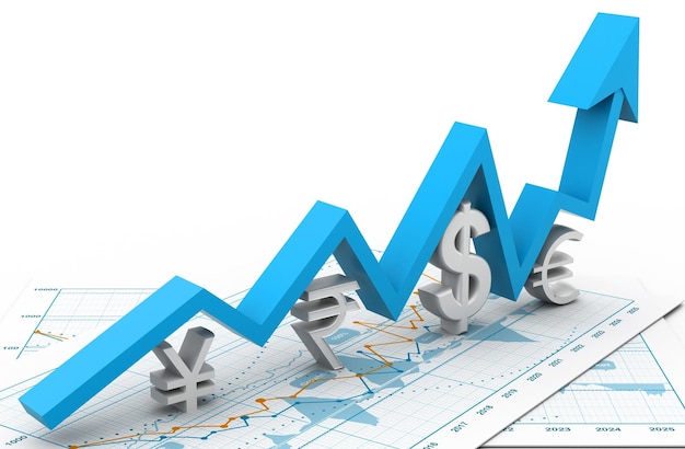 The green arrow is going up the stacks of coins arranged in a bar graph