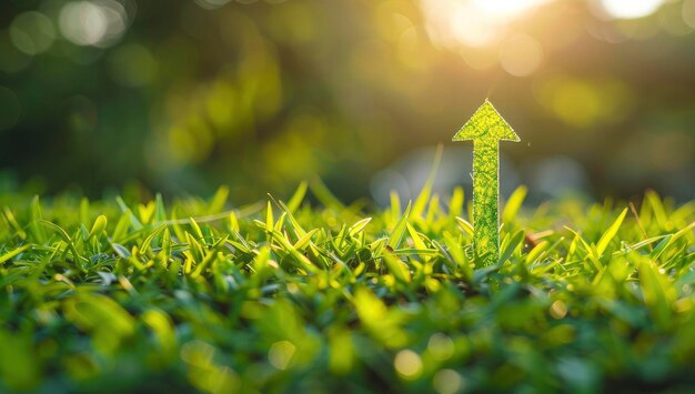 晴れた日に茂った草の広い畑の真ん中に向上する緑の矢印