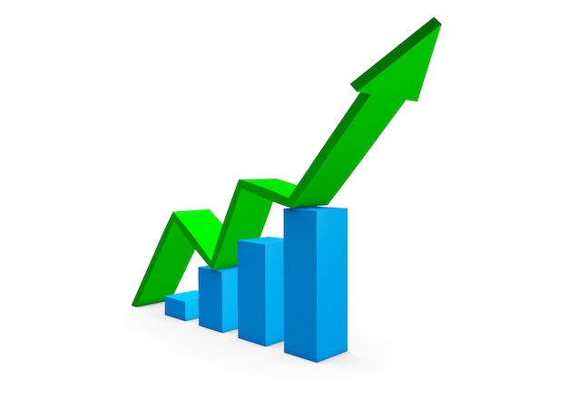 Green arrow up graphs of growth. 3D rendering