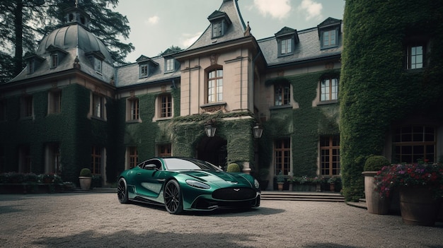 A green aston martin is parked in front of a house.
