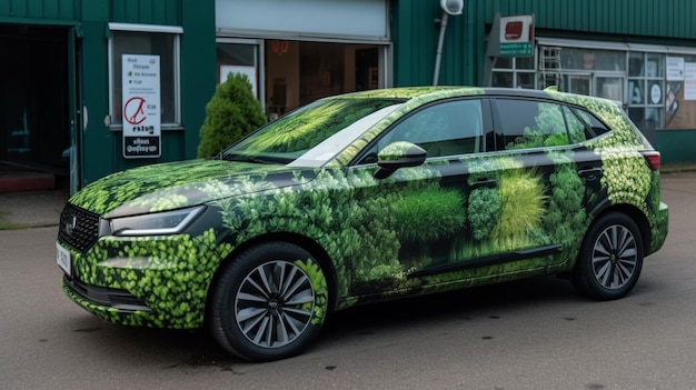 A green audi with a green design on the side.