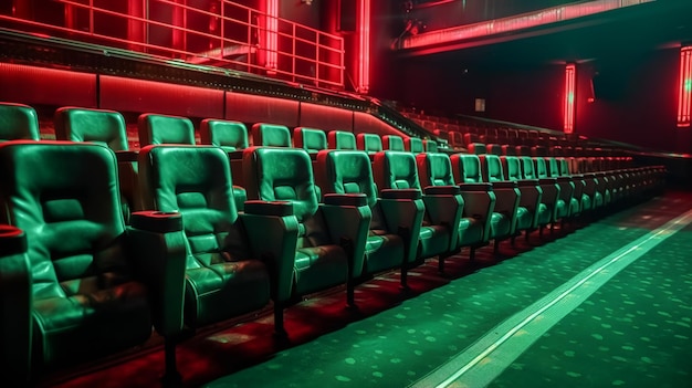 A green auditorium with a red light on the ceiling and green lights.