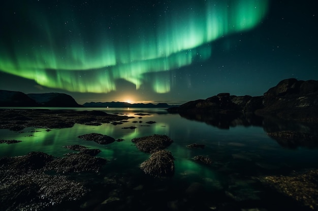 A green aurora borealis above a body of water