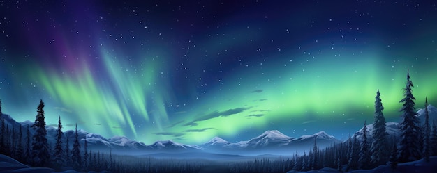 Green Aurora borealis at night over norway landscape and lake night panorama Generative Ai