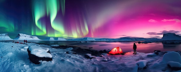 Green aurora borealis at night with tent in iiceland nature night panorama generative ai