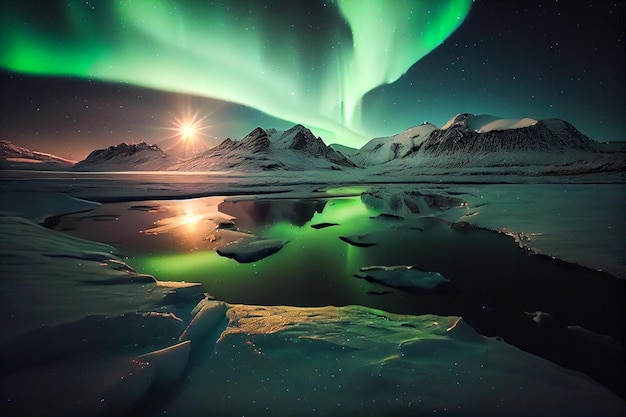 Green aurora borealis polar lights over ice and snow landscapegenerative ai