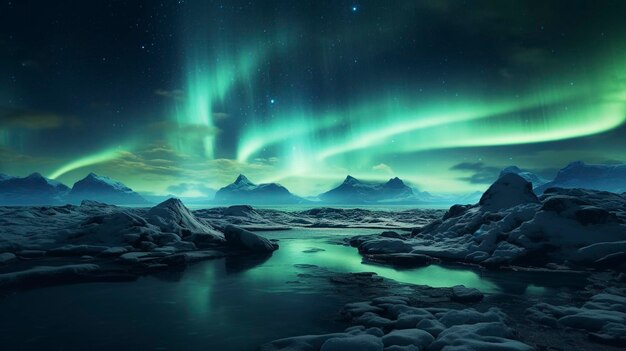 a green aurora over a lake with mountains in the background