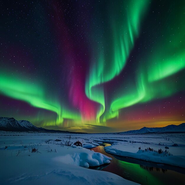 Photo a green aurora over a snowy landscape with mountains in the background