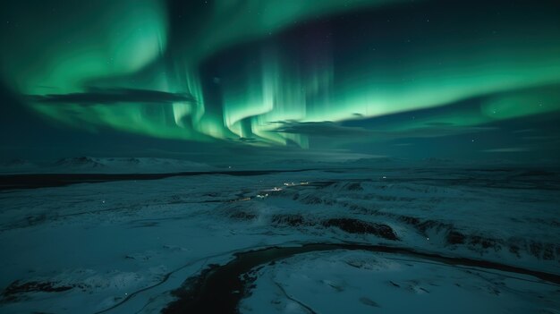 Photo a green aurora above a snowy landscape