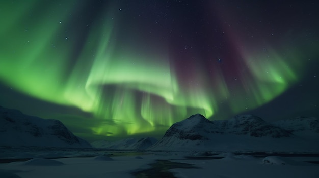 A green aurora over a snowy mountain