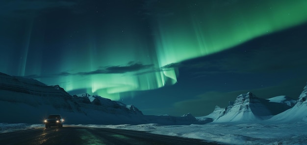 A green aurora over a snowy mountain