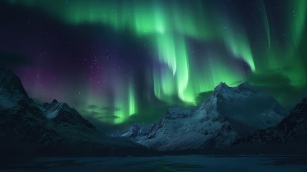 A green aurora over a snowy mountain