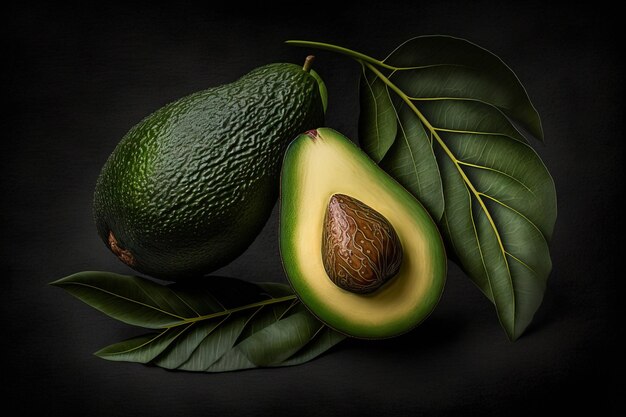 A green avocado and a green leaf are on a black background.