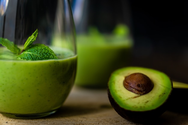 Green avocado milkshake. Delicious and healthy smoothie