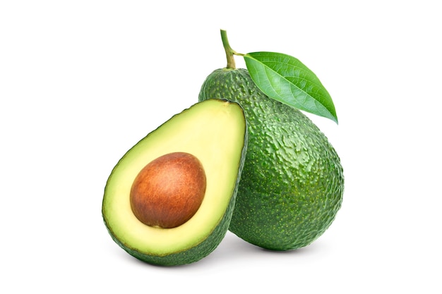 Photo green avocado with cut in half and leaf isolated