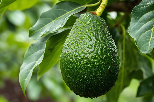 A green avocal hanging from a tree