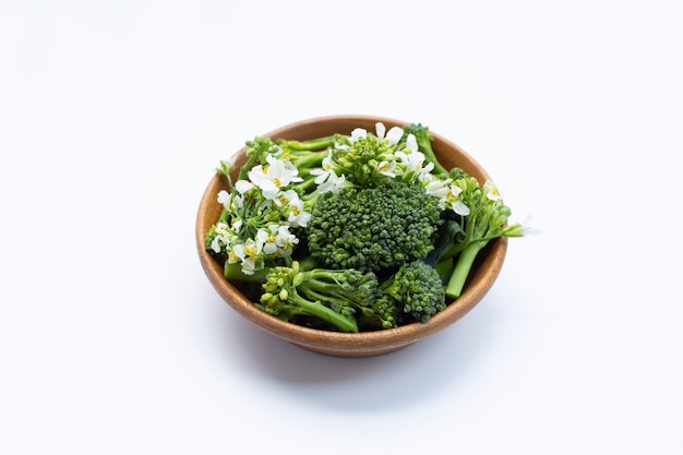 Green baby broccoli cabbage in woodeb bowl.