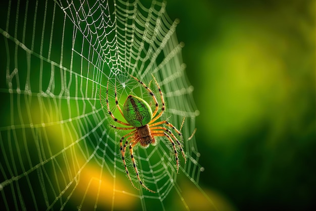 A green backdrop and a closeup selectivefocus image of a spider on its web