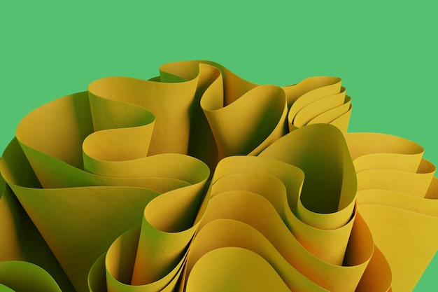 On a green background 3D render an orange abstract wavy figure Wallpaper with 3D objects