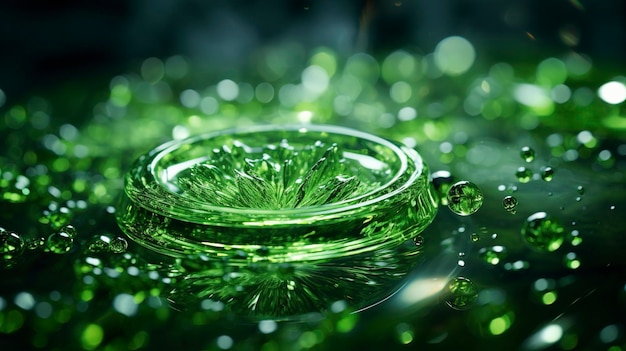 Green background circle glass texture rotating circle emitting light with flowing water droplet