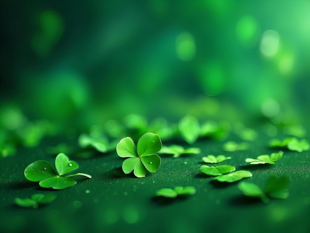 green background happy clover for st patricks day blurred background with sparkles