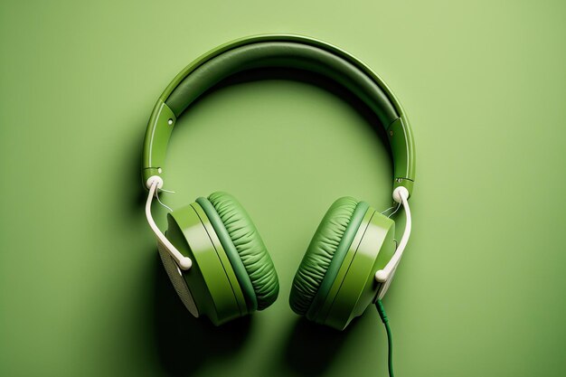 Photo on a green background headphones with copy space in a flat lay