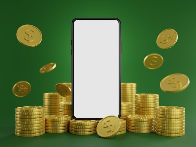 green background Online casino gambling has a blank phone screen with coins falling, 3D rendering.