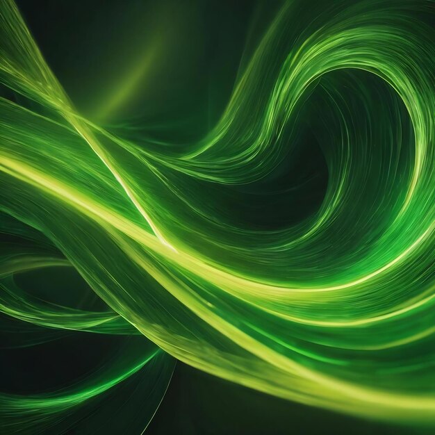 Green background of twisted swirling energy magical glowing light lines abstract background