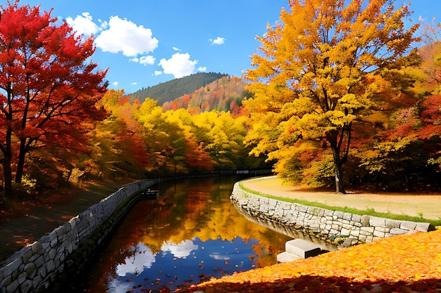 Создан зеленый фон с осенними листьями и словами осень на нем.