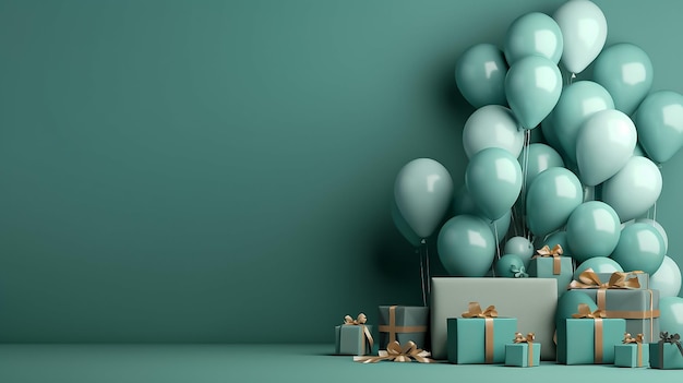 A green background with balloons and a gift box