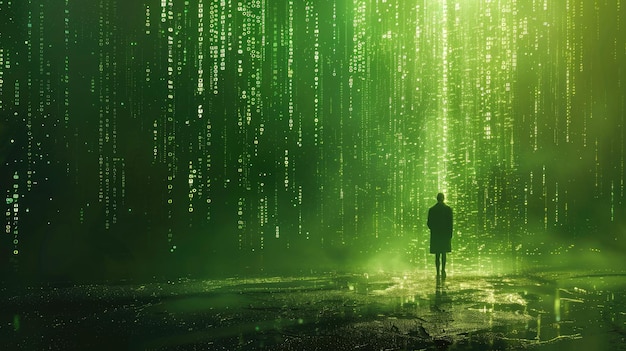 A green background with a binary code and a silhouette of a man The concept of virtual reality