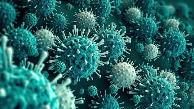 A green background with blue coronaviruses and the word virus on it.