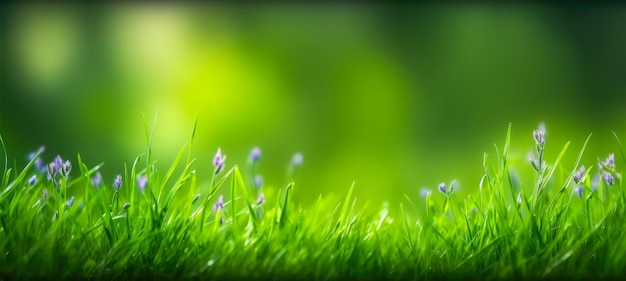 A green background with blue flowers in the grass