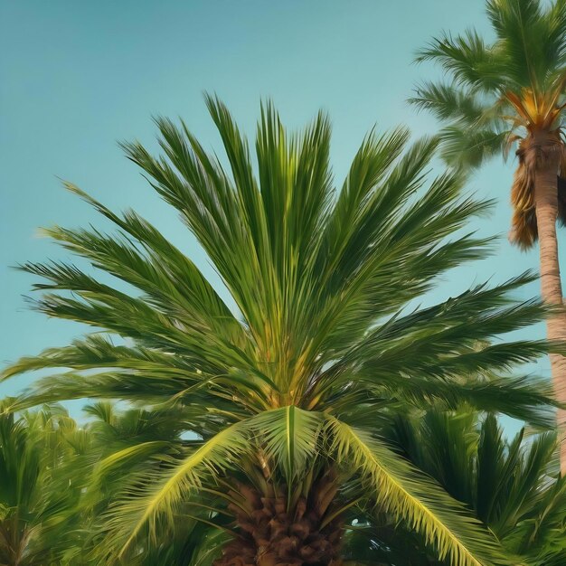 A green background with a blurred image of a palm tree in the background