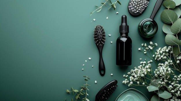 Photo a green background with a bottle of hair care products and a brush