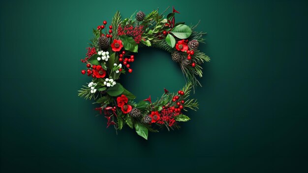 Photo a green background with a christmas wreath and writing space generative ai