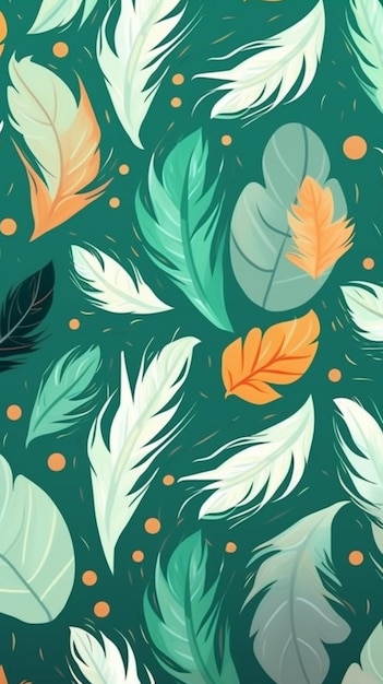 A green background with colorful feathers and dots generative ai