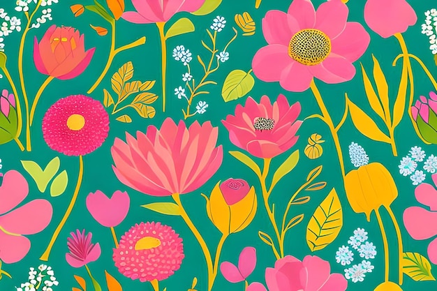 A green background with a colorful flower pattern.