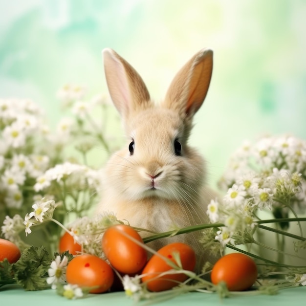 green background with a cute and whimsical Easter bunny in the center surrounded by spring flowers