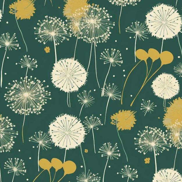 A green background with dandelions and gold dots.
