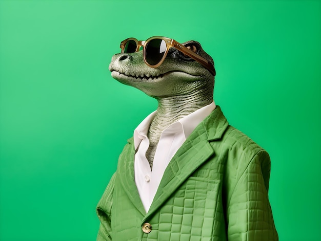 A green background with a dinosaur wearing a green jacket and sunglasses