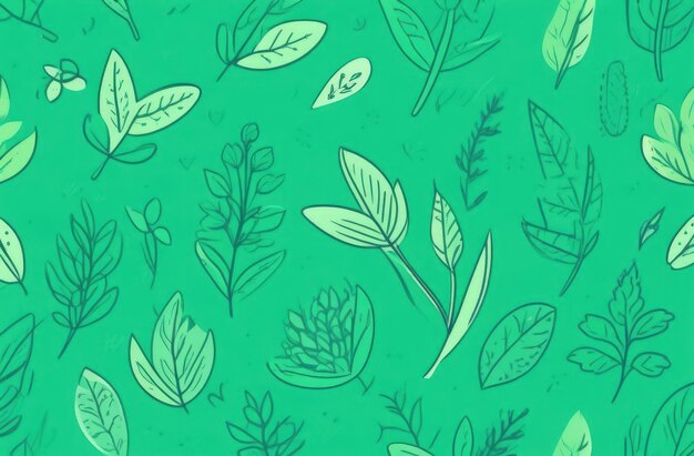 Green background with drawing of leaves and flowers Drawing is of various types of leaves and flowers with some of them being large and small Concept of growth and vitality background Copy space