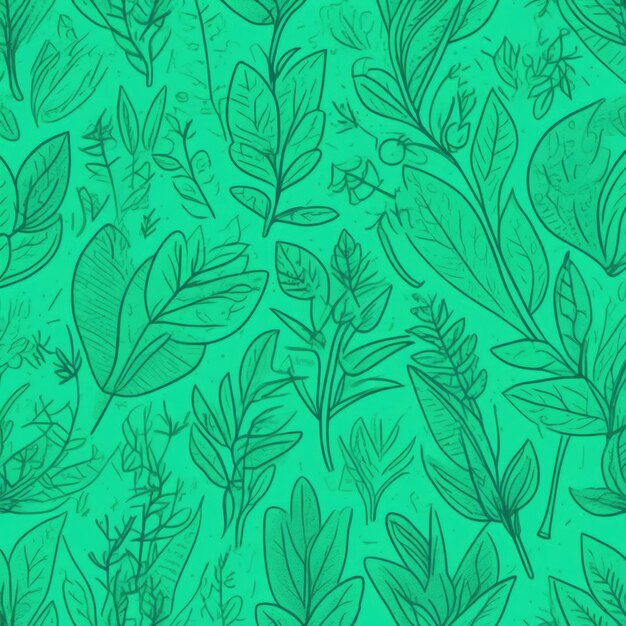 Photo green background with drawing of leaves and flowers drawing is of various types of leaves and flowers with some of them being large and small concept of growth and vitality background copy space