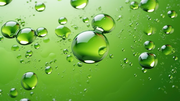 Green background with droplets on the surface With drops of transparent beauty gel on green