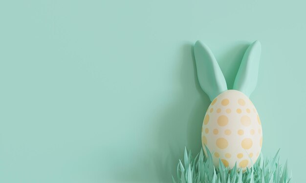 Green background with Easter egg rabbit ears and copy space Easter backdrop Empty space for advertising text invitation logo Postcard greeting card design Pascha Happy Easter Day 3D render