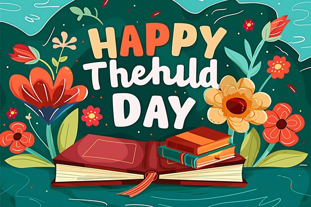 Photo a green background with flowers and a book that says happy teachers day