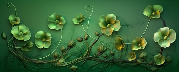 A green background with flowers and buds on it.