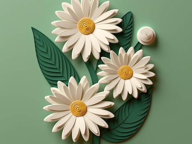 A green background with flowers and a leaf that says " daisy ".