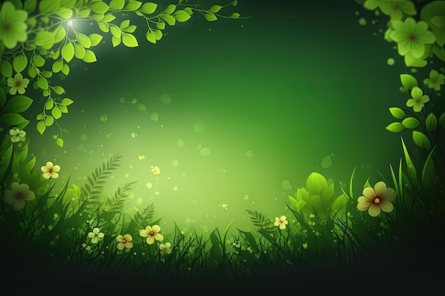 A green background with flowers and leaves generative AI